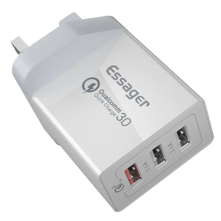 Three-port USB fast charge 30W QC3.0 mobile phone charger in white with EU plug