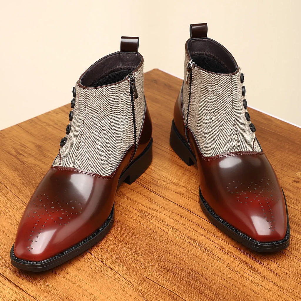 Men's brown retro formal leather shoes with side zipper and square toe on a plain background.
