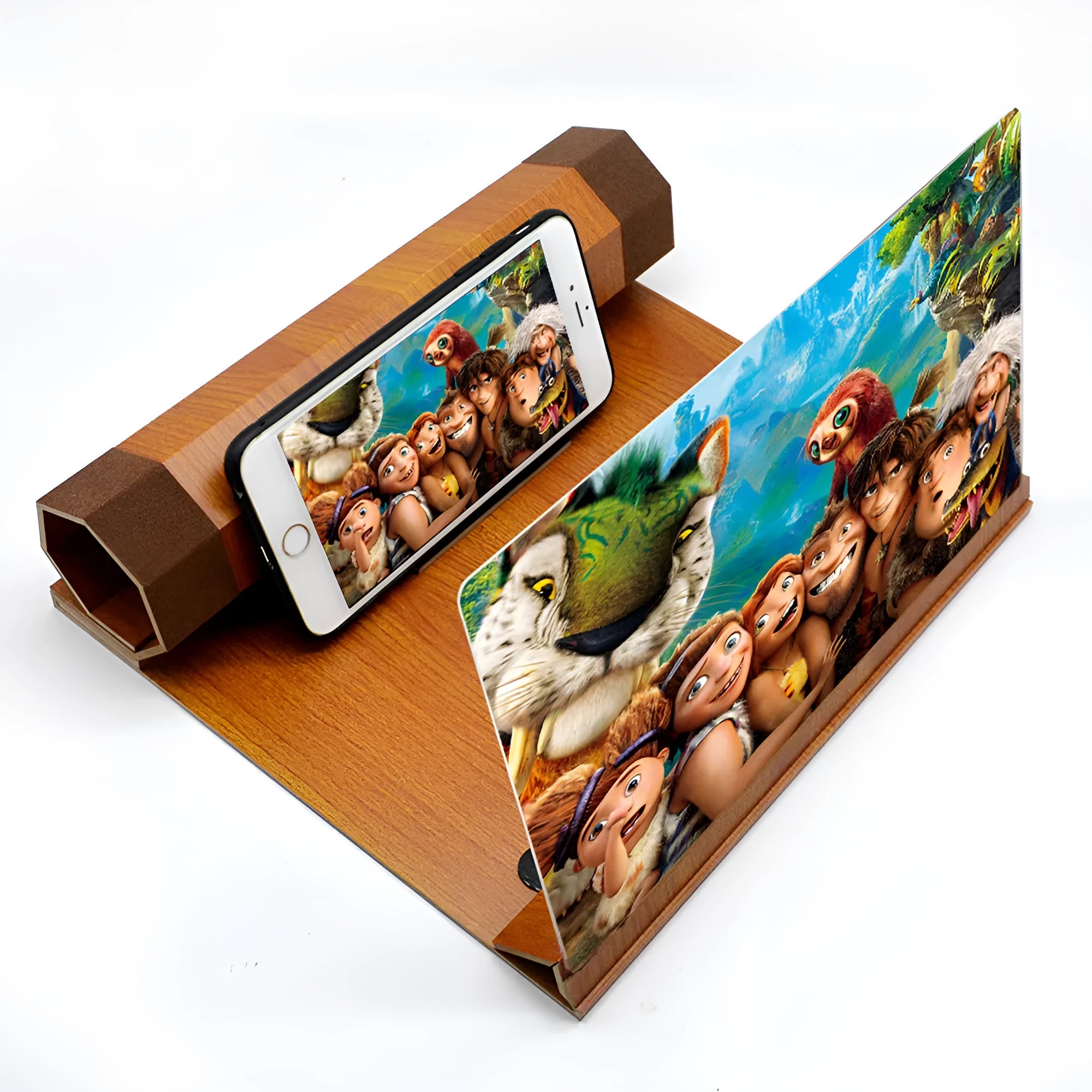 Wood grain cell phone amplifier with acrylic lens showing black walnut finish
