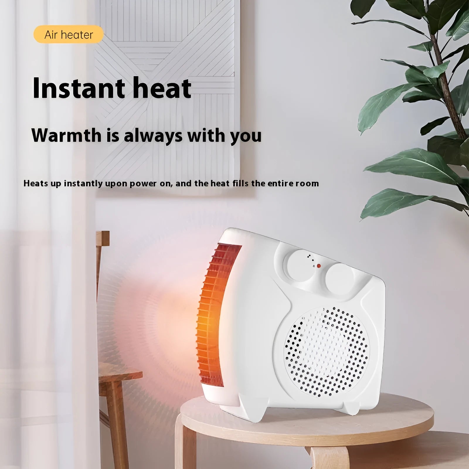 Small white rectangular electric heater for desktop or floor use.