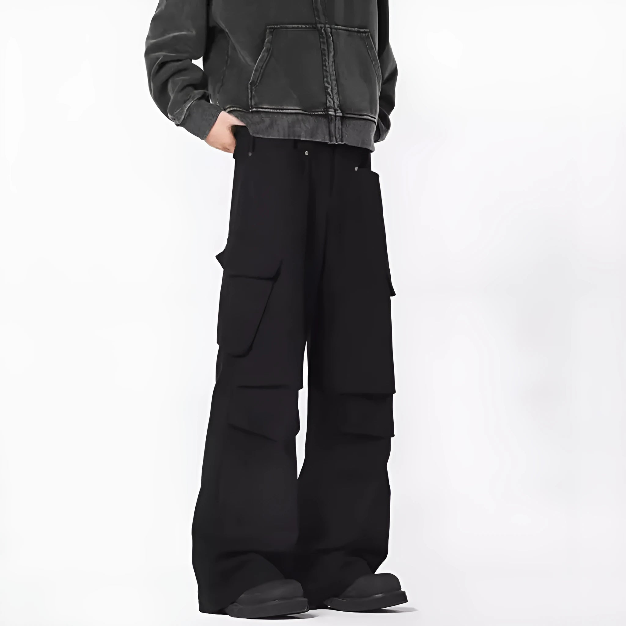 Men's straight leg casual trousers in black with high waist design and cardigan button fly