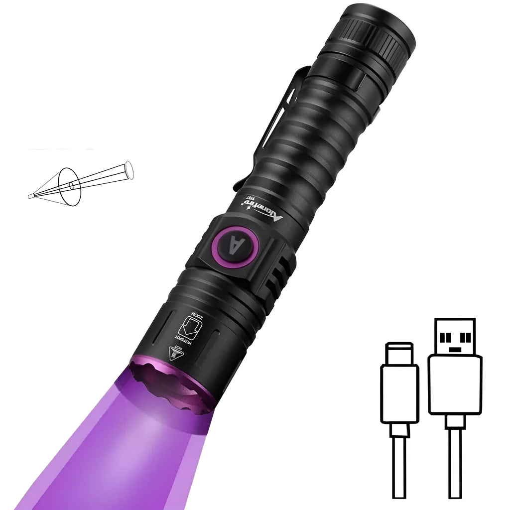 5W UV banknote verification flashlight with aluminium alloy body, available in 365NM or 395NM