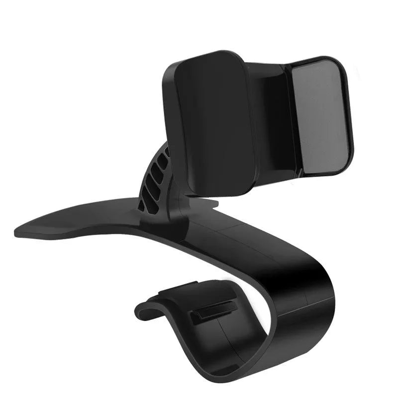 Dashboard car phone holder with silicone-grip bracket mounted on vehicle dashboard edge holding a smartphone