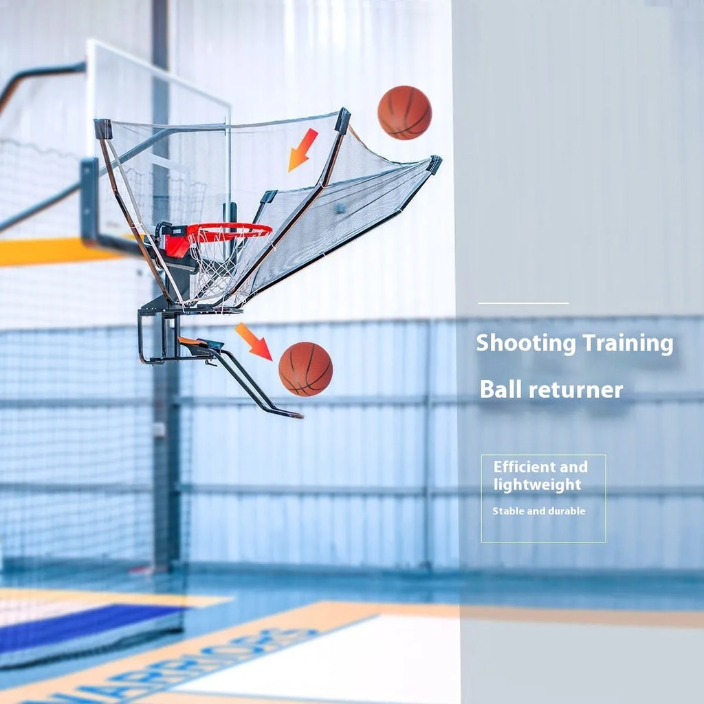 Portable automatic basketball ball return training aid on a court.