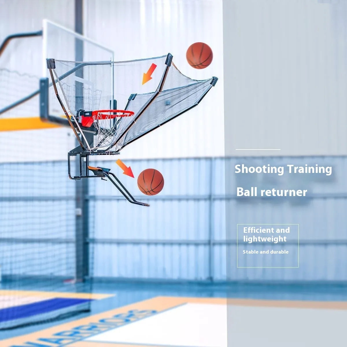 Portable automatic basketball ball return training aid on a court.