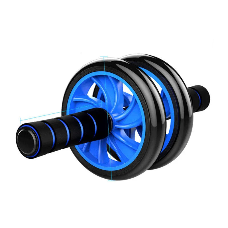 Dark blue double-wheel abdominal roller with sponge grips, push-up support and palm guard, 16.5cm and 14.5cm roller diameters