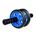 Dark blue double-wheel abdominal roller with sponge grips, push-up support and palm guard, 16.5cm and 14.5cm roller diameters
