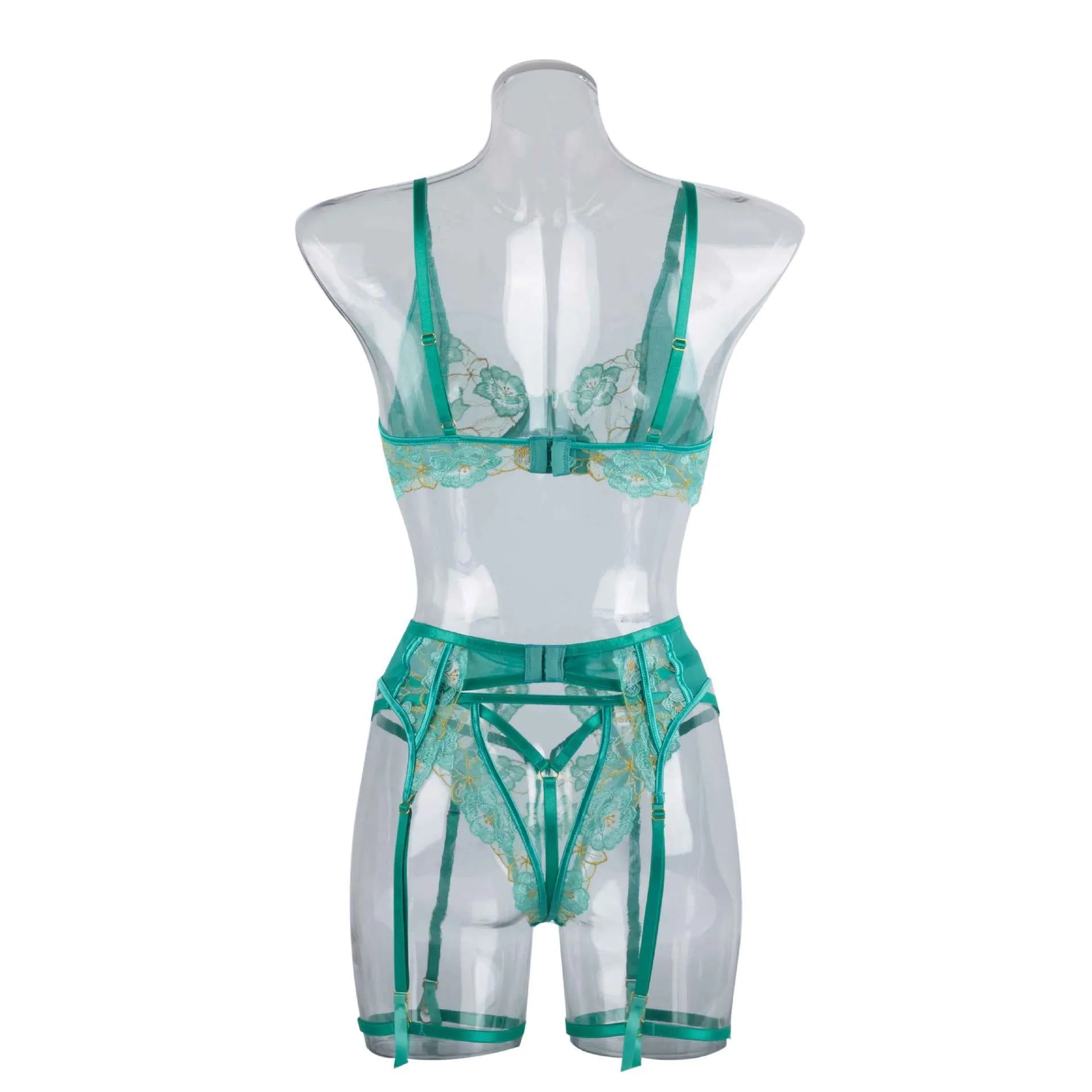 Light green women's bra set with embroidery detailing and matching bikini bottoms.