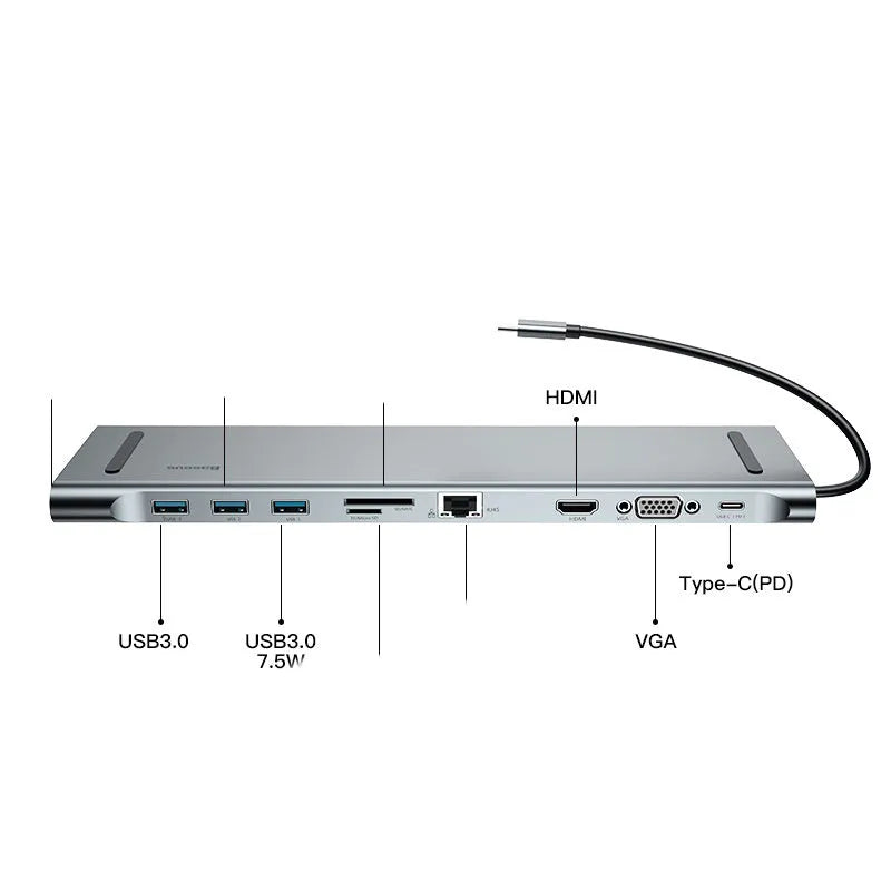 Space grey aluminium alloy ten-in-one USB-C hub adapter with HDMI VGA RJ45 USB 3.0 SD audio and charging ports