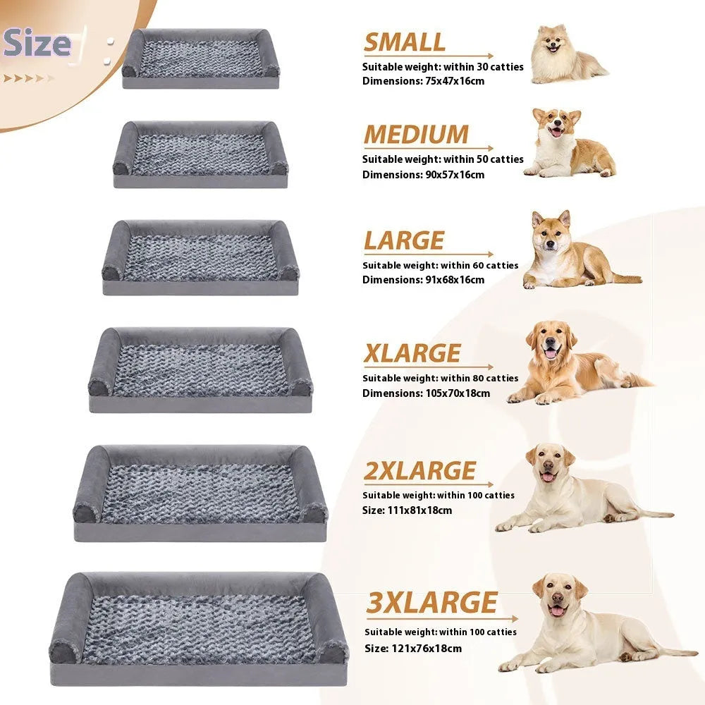 Grey U-shaped removable pet sofa kennel with embossed velvet fabric, shown in multiple sizes.
