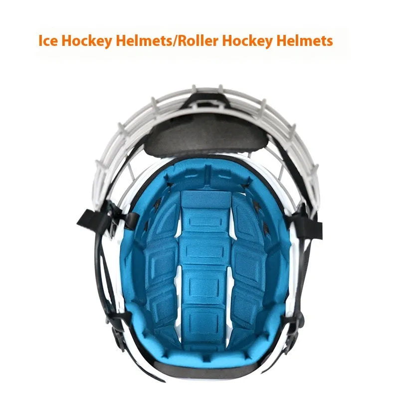 Ice hockey helmet with an integrated carbon steel face mask shown in size L.