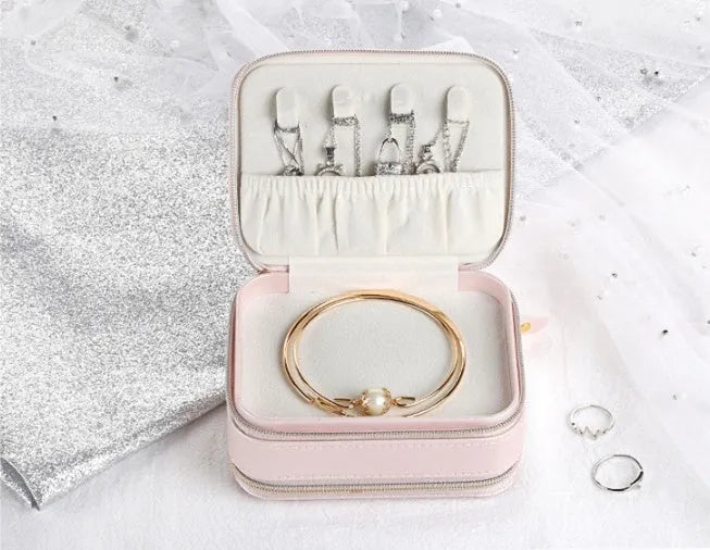Portable PU leather jewellery box with three-layer storage in blue colour