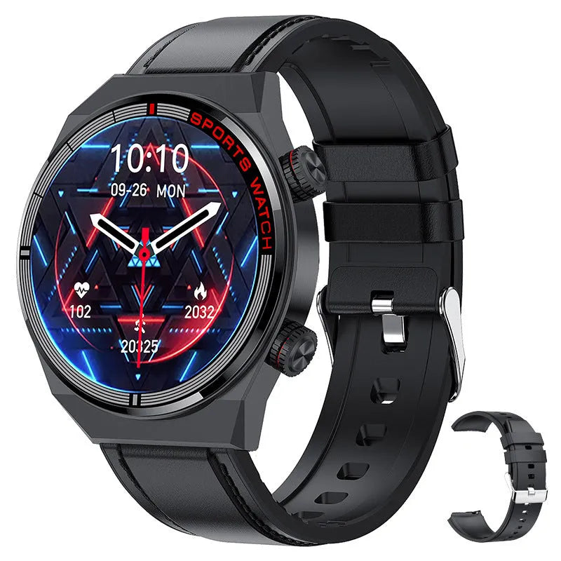 Black Bluetooth smartwatch with genuine leather strap and rotary key on a 1.3-inch screen