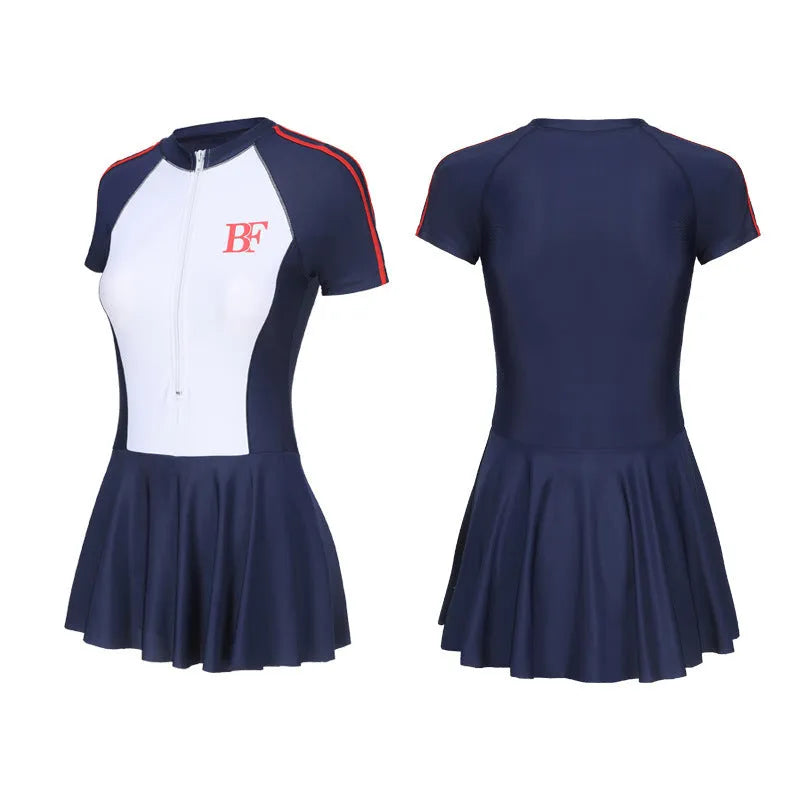 Conservative style one-piece swimsuit for sports in colour-matched pattern with high elasticity polyester construction