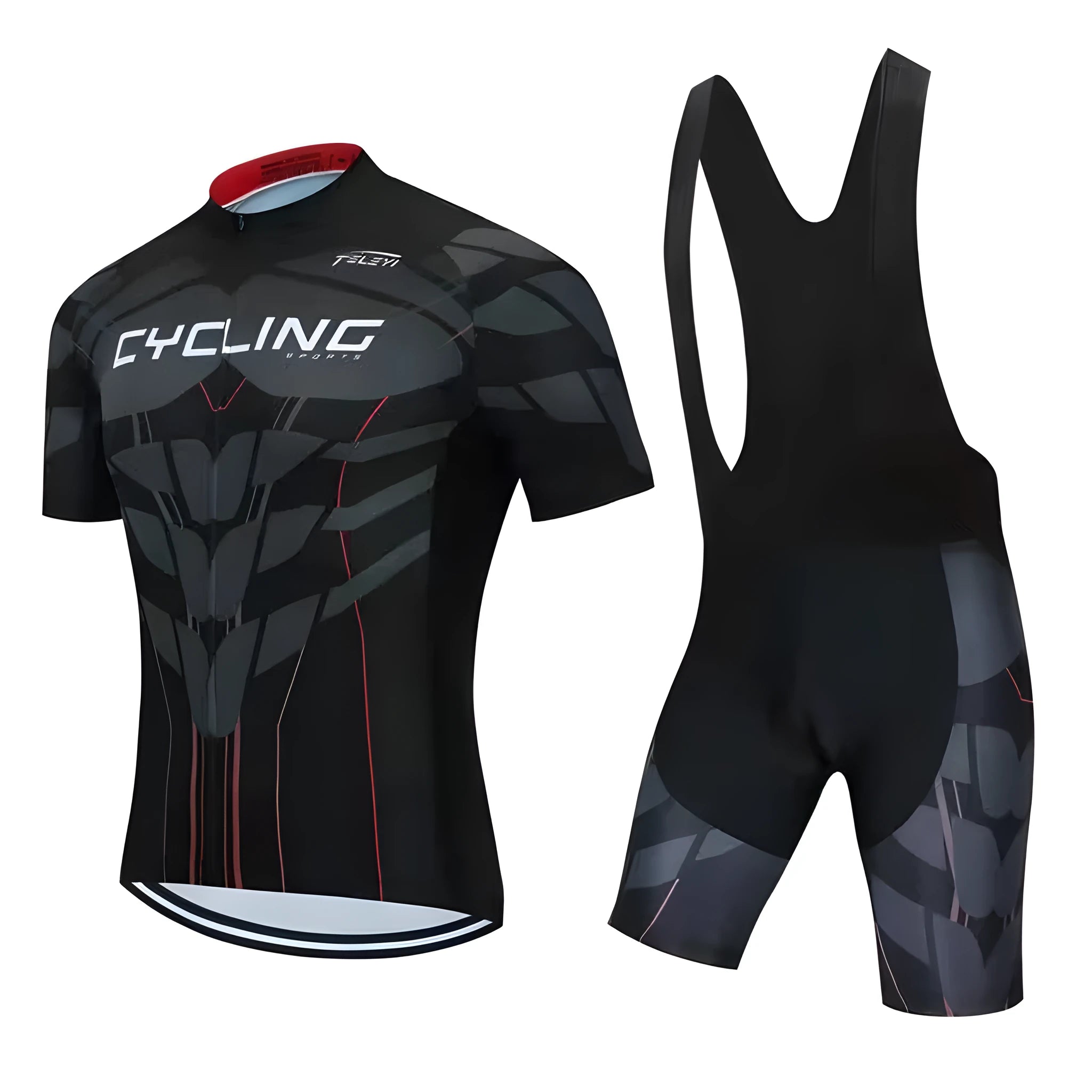 Cycling jersey and bib shorts set for men and women in a moisture-wicking fabric.