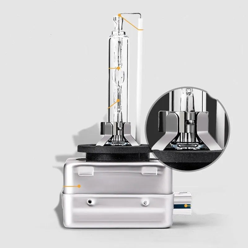Xenon automotive headlight bulb with aluminium alloy shell and quartz tube, showing D1S and D1R base types.