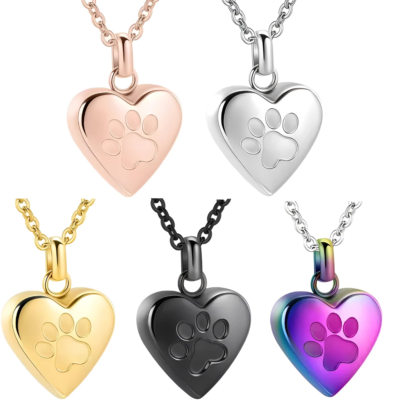 Simple titanium steel heart pendant necklace with paw print detail, a cinerary casket that opens.