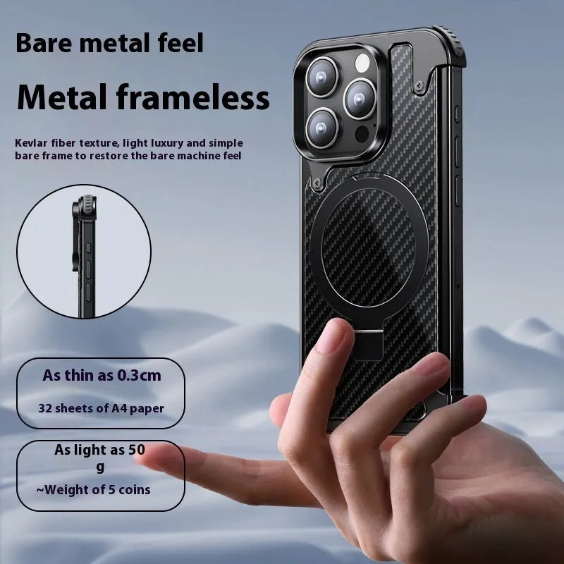 Matte black YILI shell carbon fibre magnetic bracket case for iPhone 16 Pro Max with carved finish