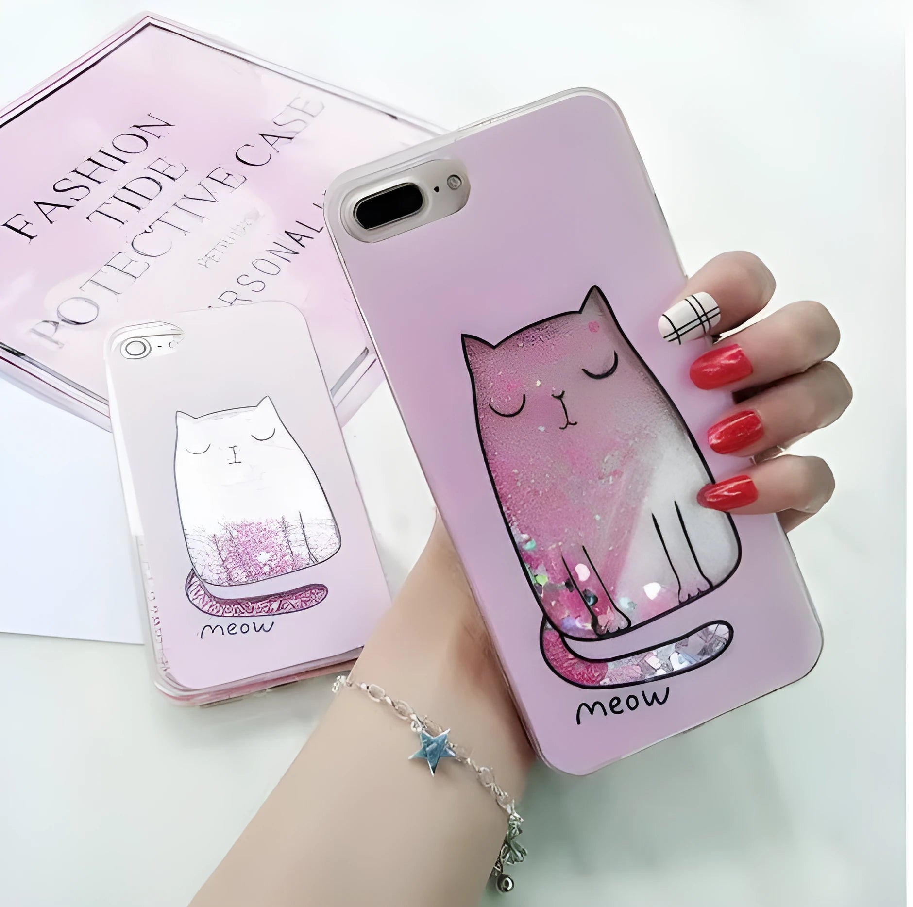 Set of four glittery cat-themed phone cases for iPhone models 6, 7, 8, and X.