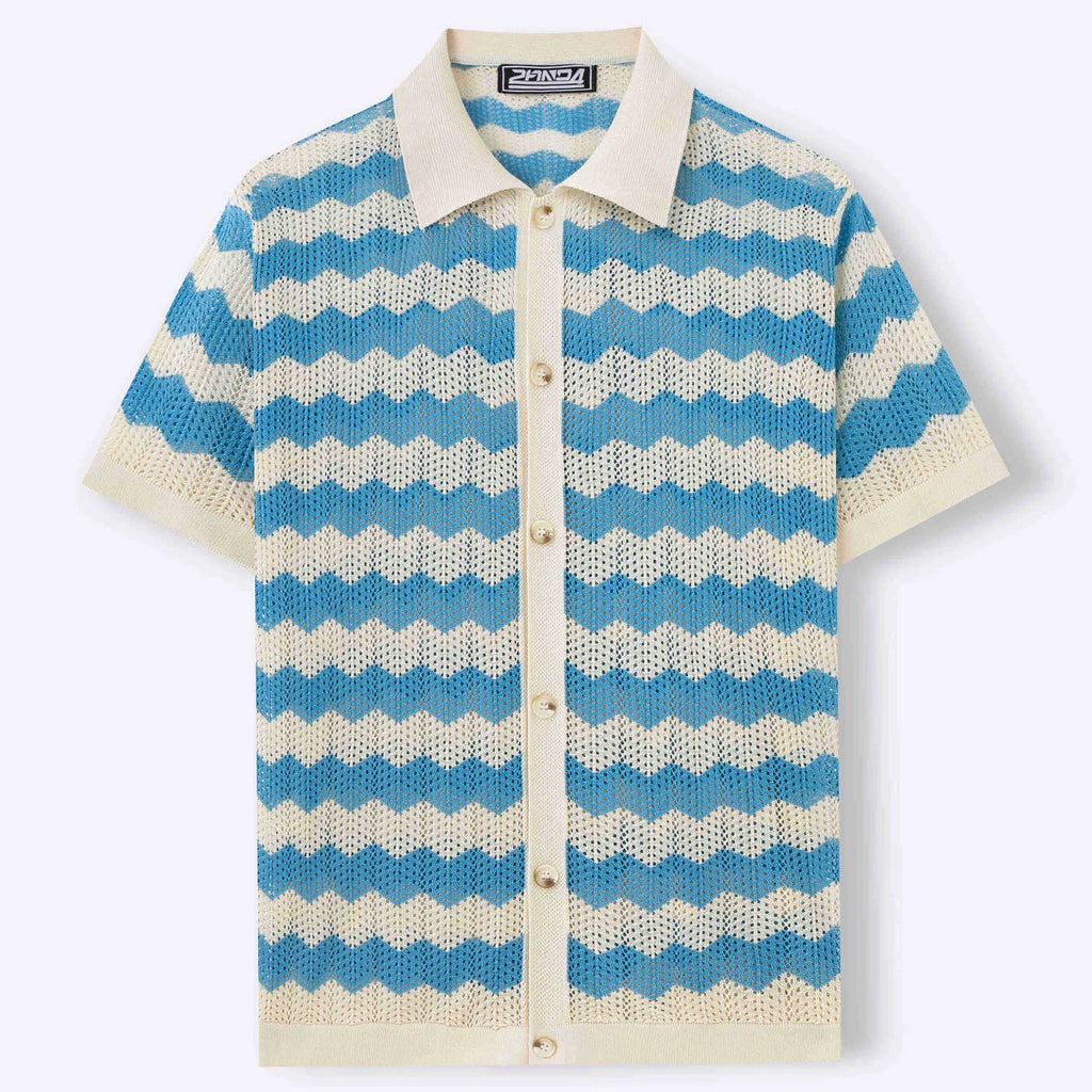 Short-sleeved yellow Tencel sweater with a textured hollow jacquard corrugated pattern, shown on a hanger.