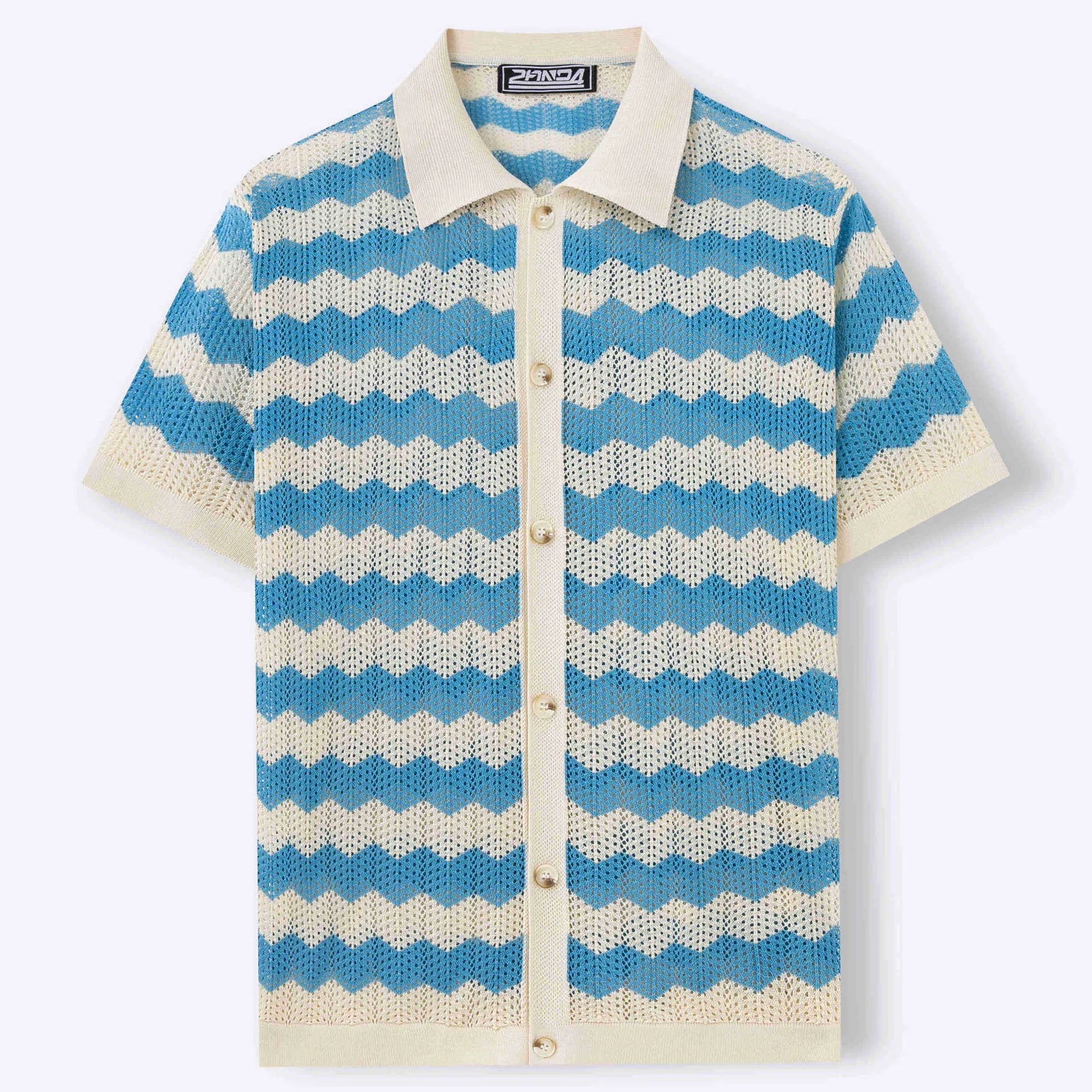 Short-sleeved yellow Tencel sweater with a textured hollow jacquard corrugated pattern, shown on a hanger.