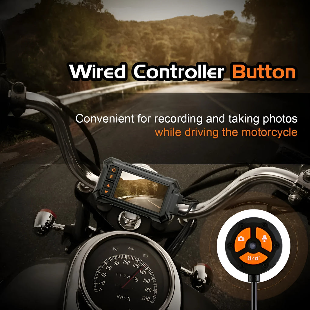 Motorcycle dash camera unit with front and rear lenses, GPS module, and 3-inch display screen.
