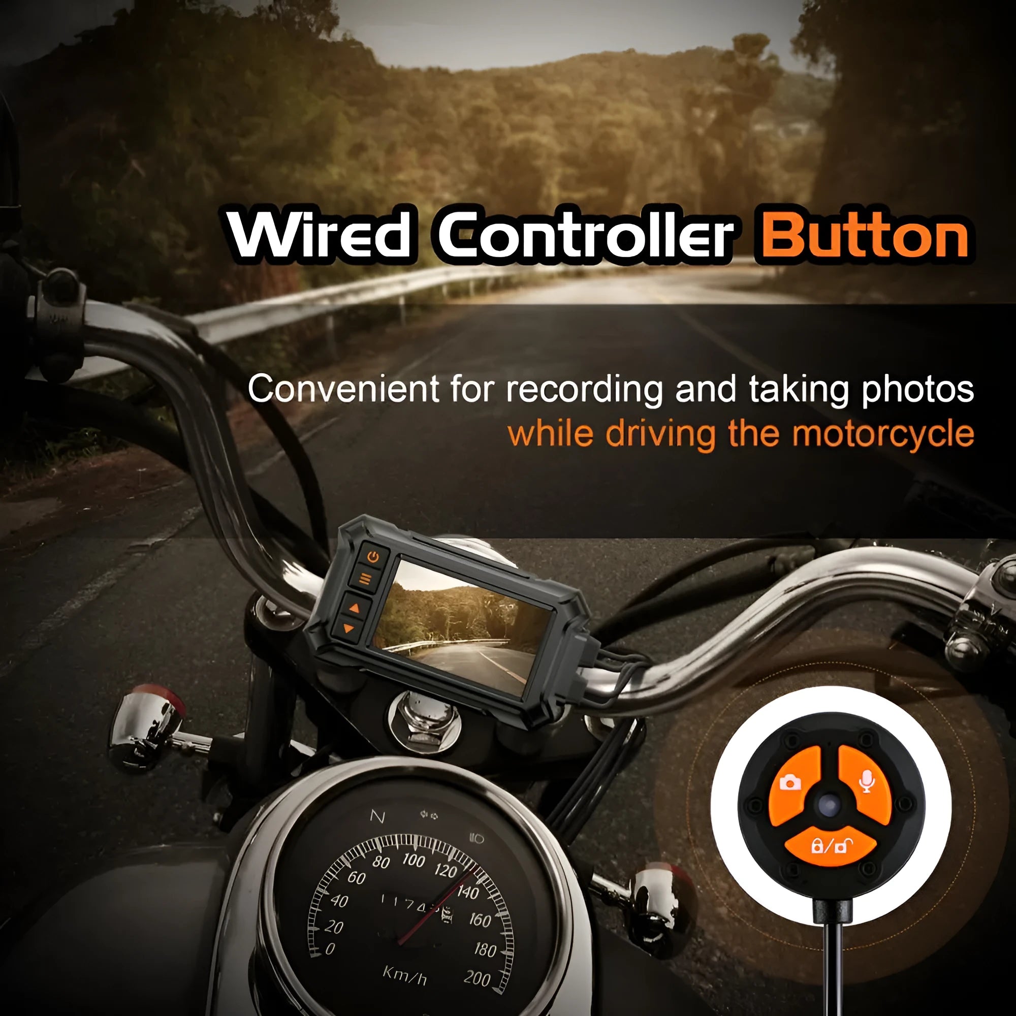 Motorcycle dash camera unit with front and rear lenses, GPS module, and 3-inch display screen.