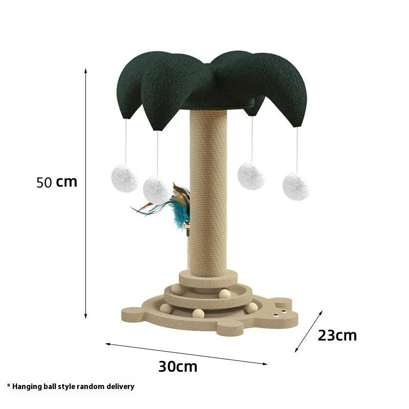Solid wood cat climbing frame with rotating turntable and sisal scratching post in a panda design.