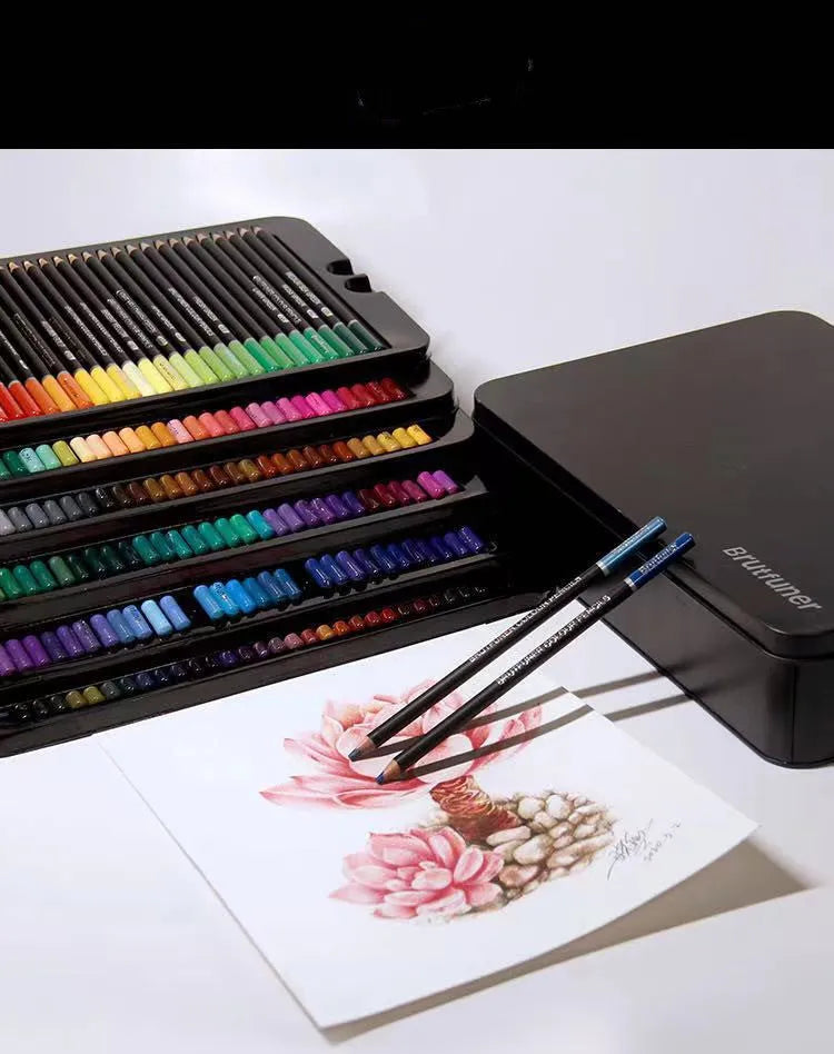 180-colour oily painting pencils in wooden cases organised in rainbow arrangement inside protective tin box