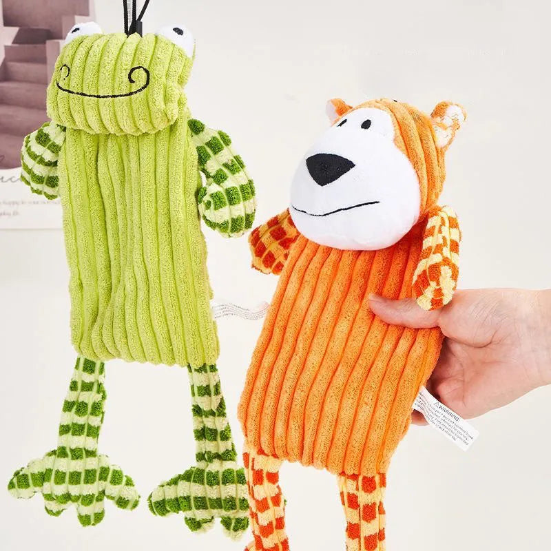 Green and orange immortal squeaker plush dog toy for aggressive chewers with reinforced stitching