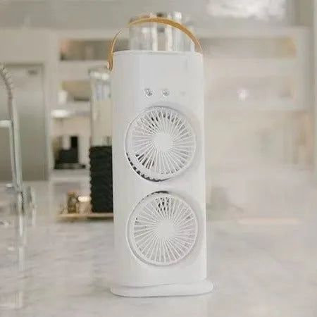 White portable humidifier fan with double heads, remote control, and USB cable