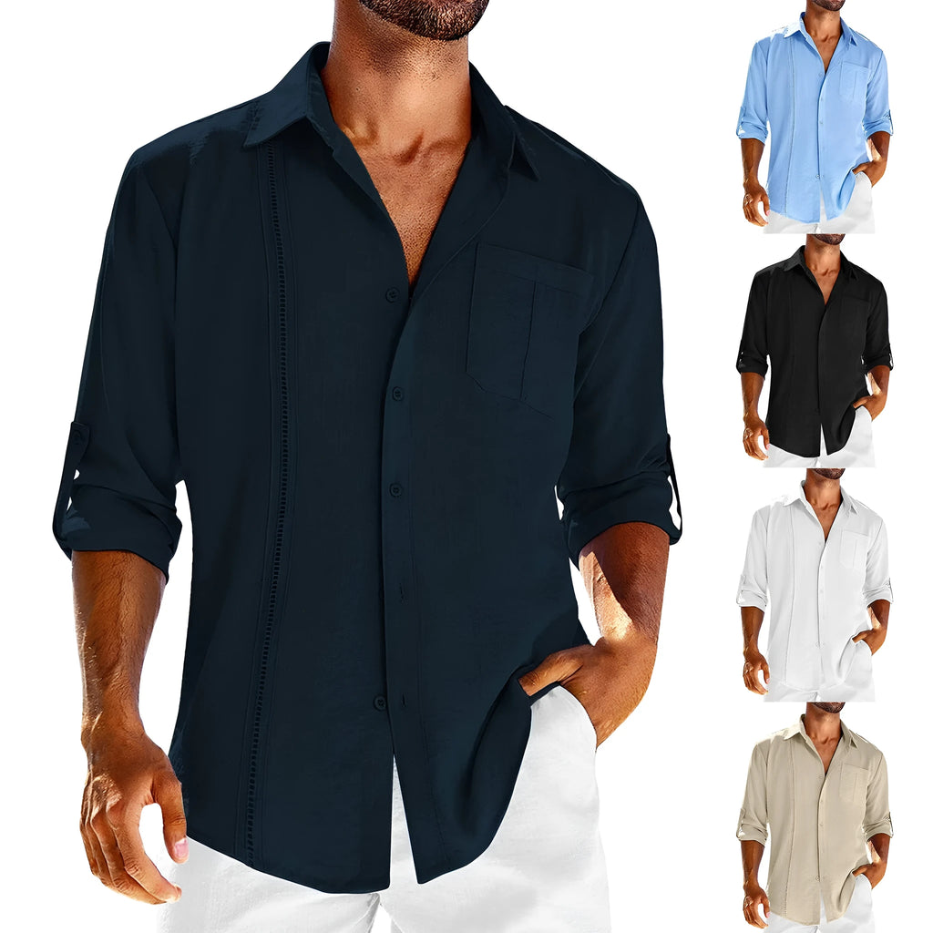 Men's long sleeve cotton blend shirt with polo collar and lace pocket detail in solid colour