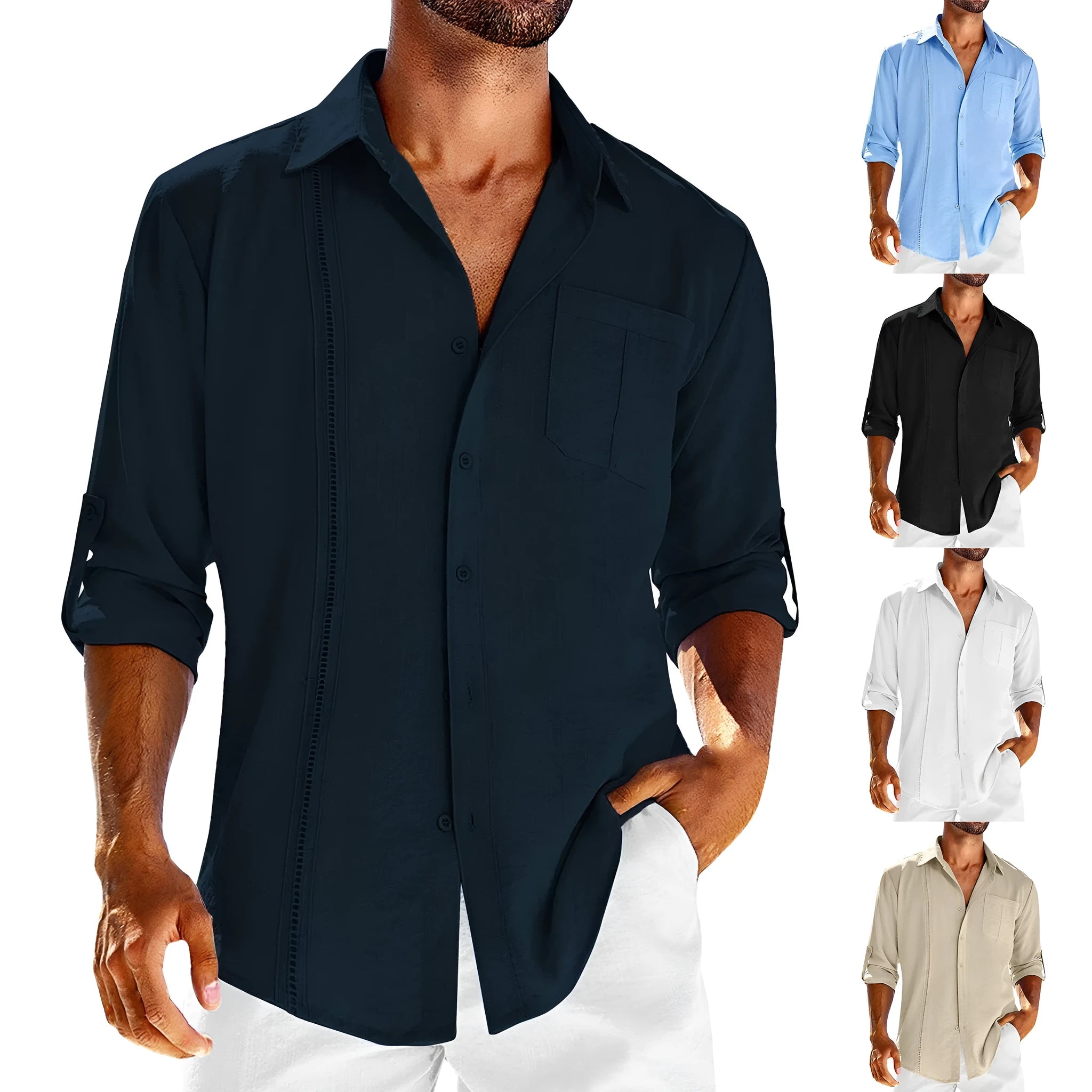 Men's long sleeve cotton blend shirt with polo collar and lace pocket detail in solid colour
