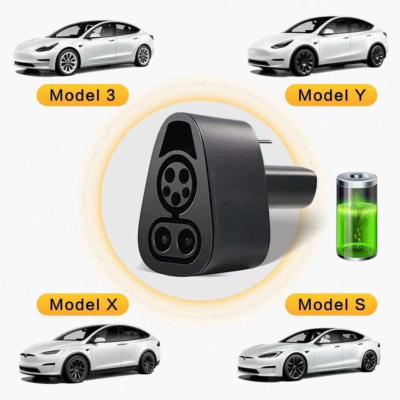 Black Tesla charging adaptor converting Type 2 connector to Tesla vehicle interface