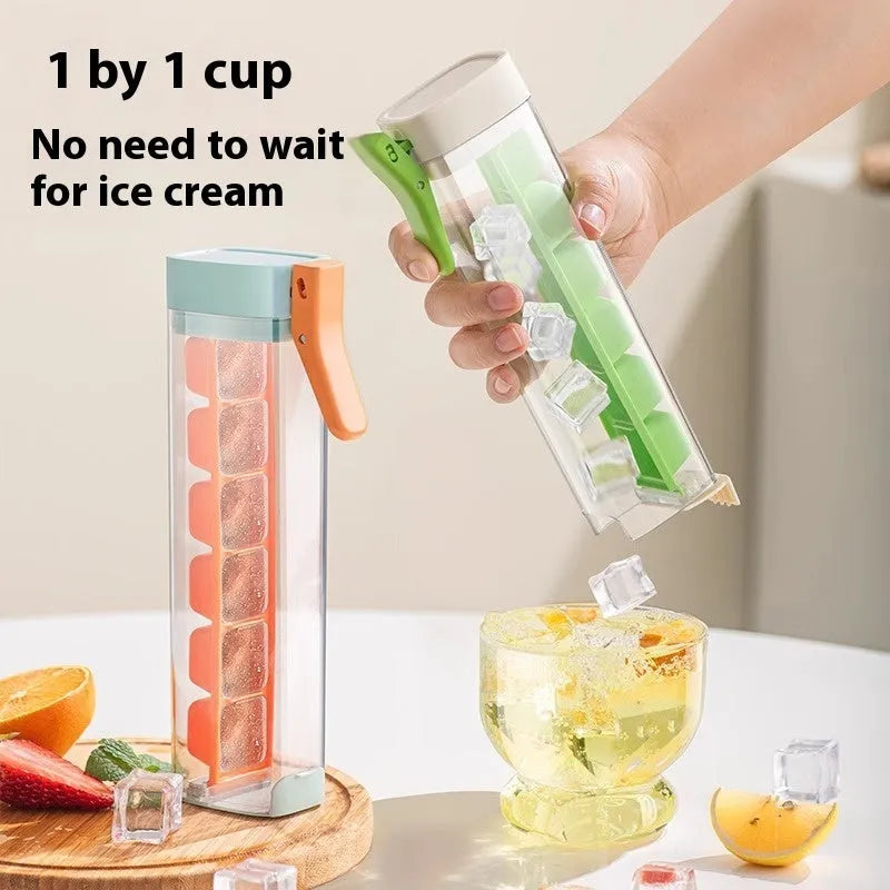 Food-grade plastic ice tray with press-release mechanism and storage box in Maldives blue colour.