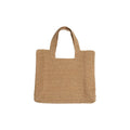 Straw woven bucket tote bag in khaki colour showing double shoulder straps and woven texture detail