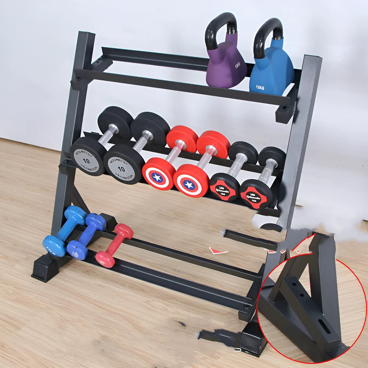 Black three-layer dumbbell rack, 940 x 500 x 950mm, square tube and angle iron frame for home gym storage