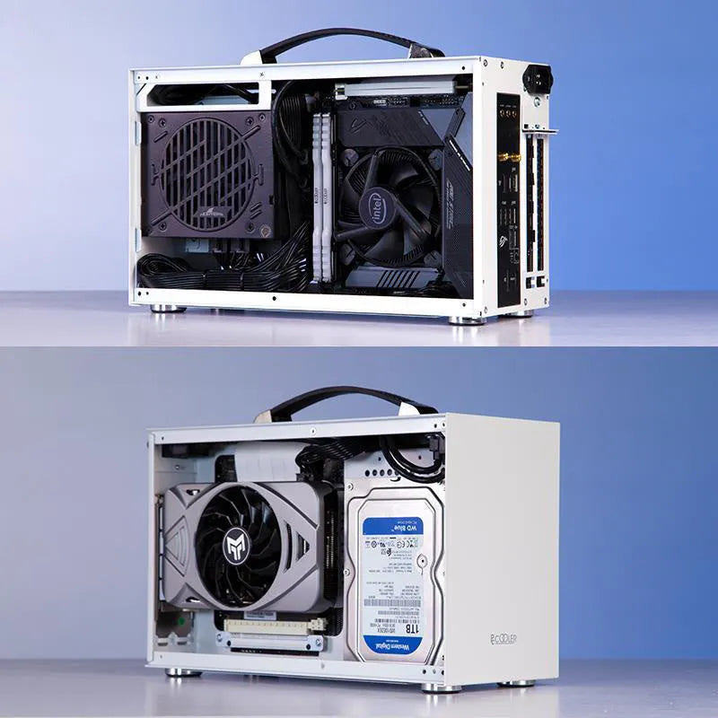 Three Hummingbird PRO titanium grey mini-ITX desktop computer case on a wooden desk