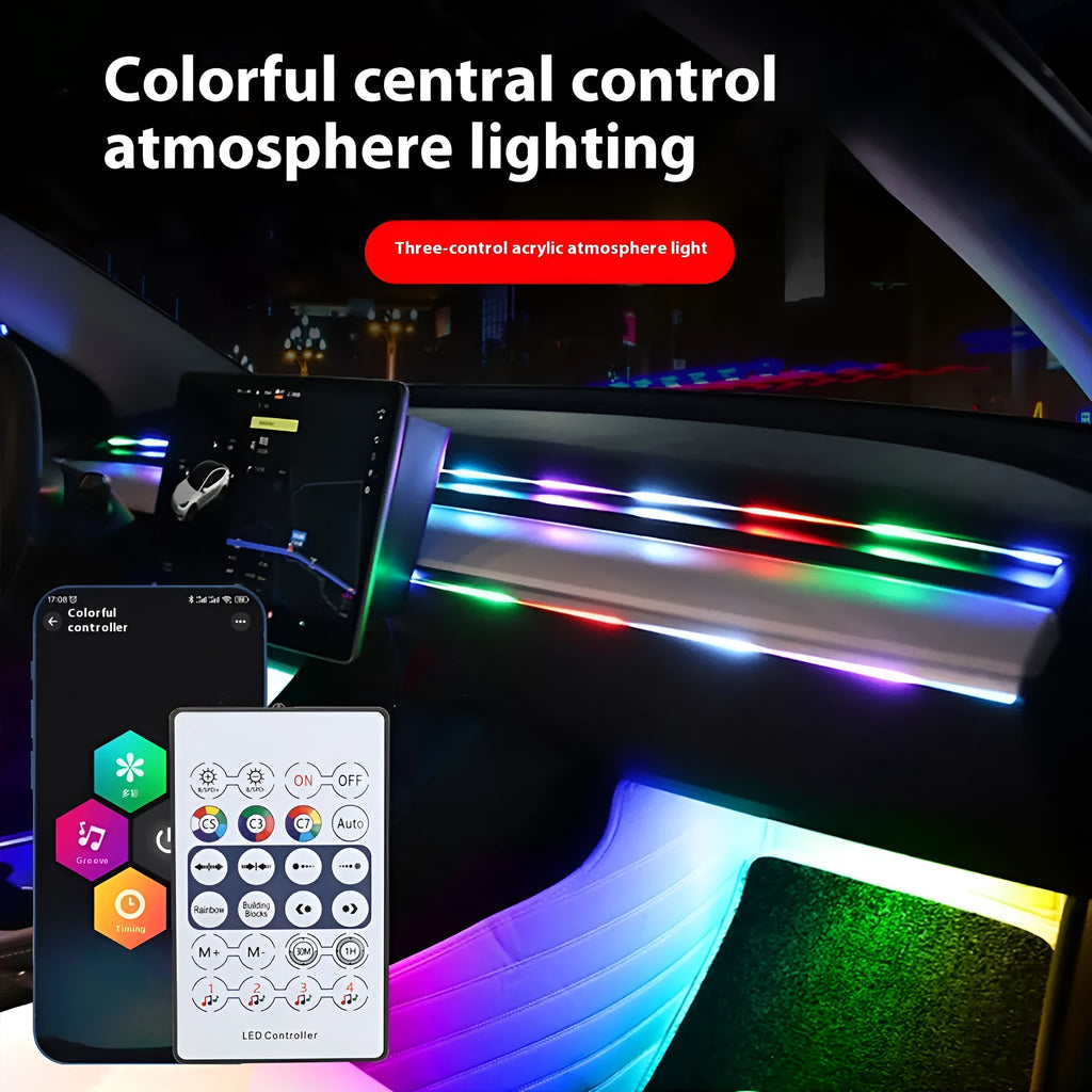 Car interior ambient light kit with USB 5V connection, app and remote control, and 110cm strip