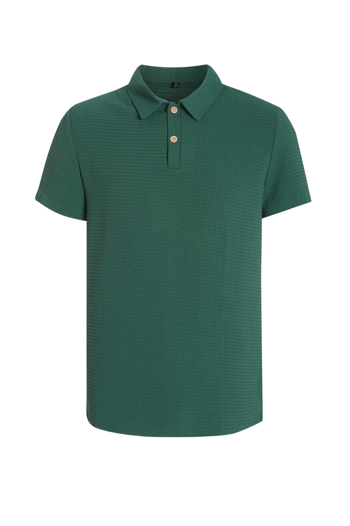 Dark green waffle patterned lapel polo shirt with short sleeves, two round metallic-texture buttons, and slightly arc-shaped hem.