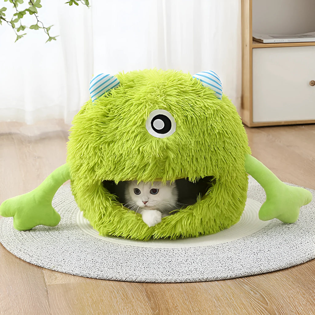 Round fluffy plush cat bed with non-slip bottom in three size options for indoor cats