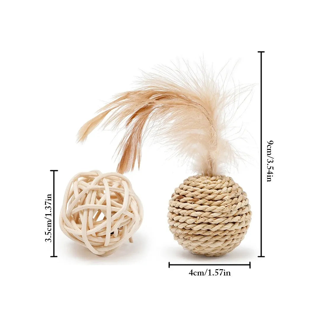 Two cat toy balls: one rattan ball and one faux feather ball with bells