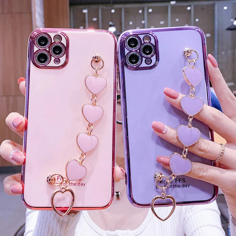Solid colour silicone Samsung phone case with built-in glass screen protector and wrist strap.
