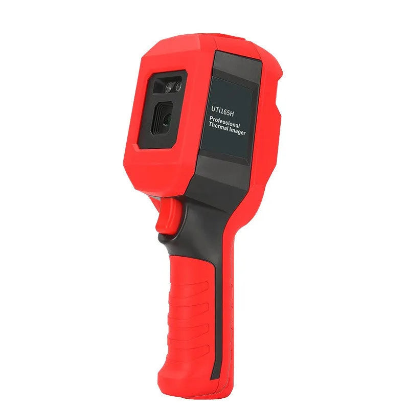 UTi260B handheld infrared thermal imaging camera with display screen, shown with USB cable and storage bag.