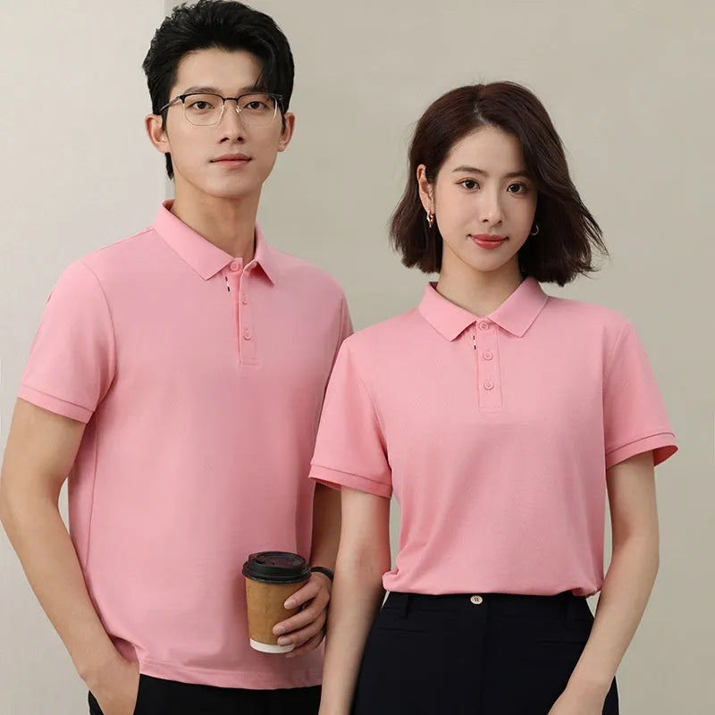 Solid colour ice silk catering work polo shirt on a hanger, shown in a light blue shade with short sleeves.
