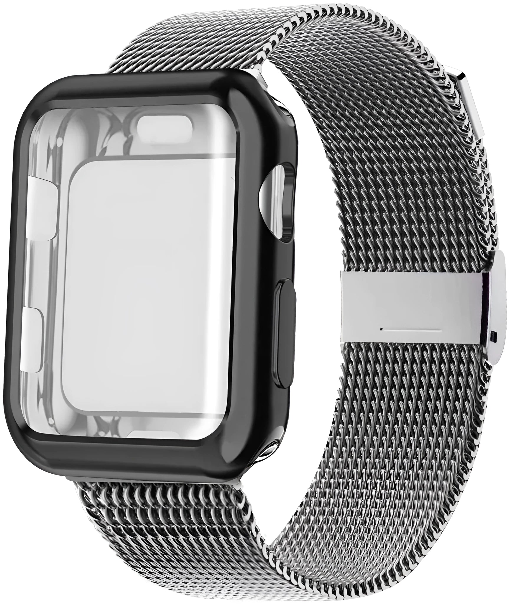 Silver magnetic Milanese loop strap attached to an Apple Watch on a wrist, showing the adjustable magnetic clasp.