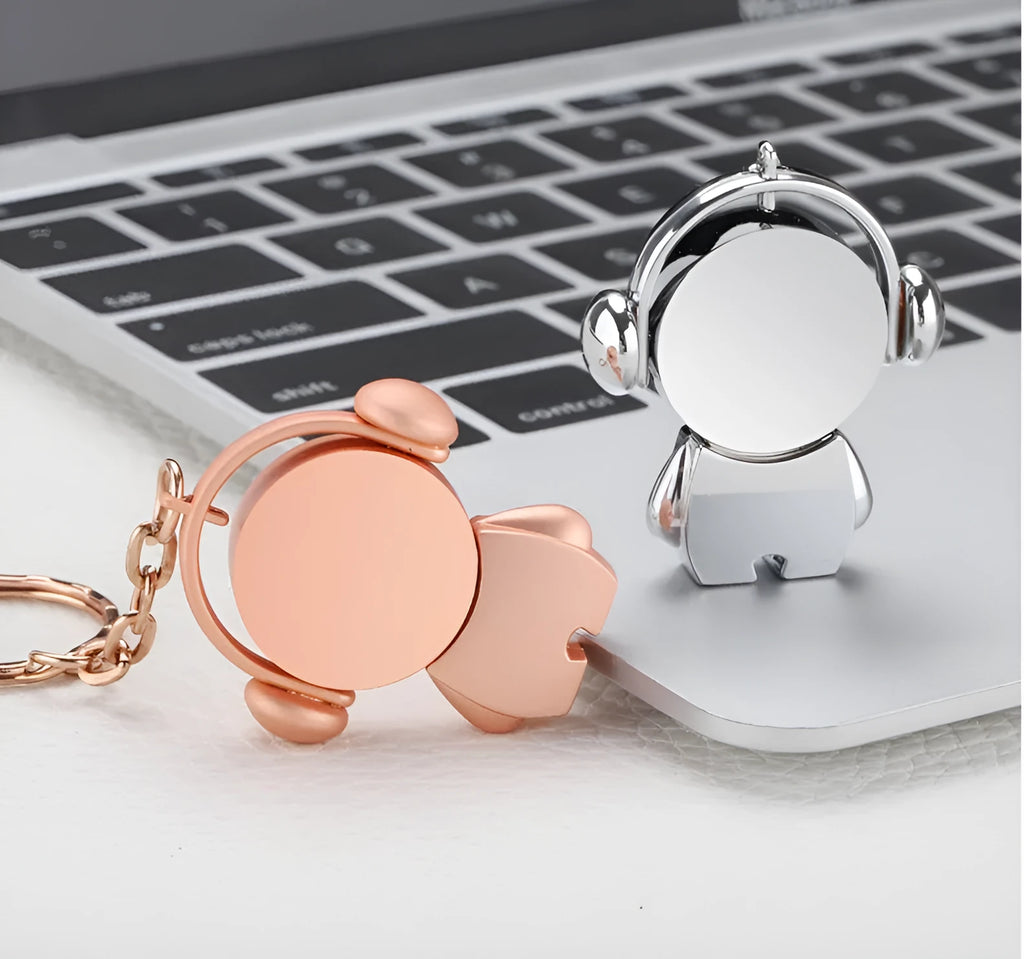 Creative metal USB flash drive with cartoon musician and car design in silver or rose gold colour