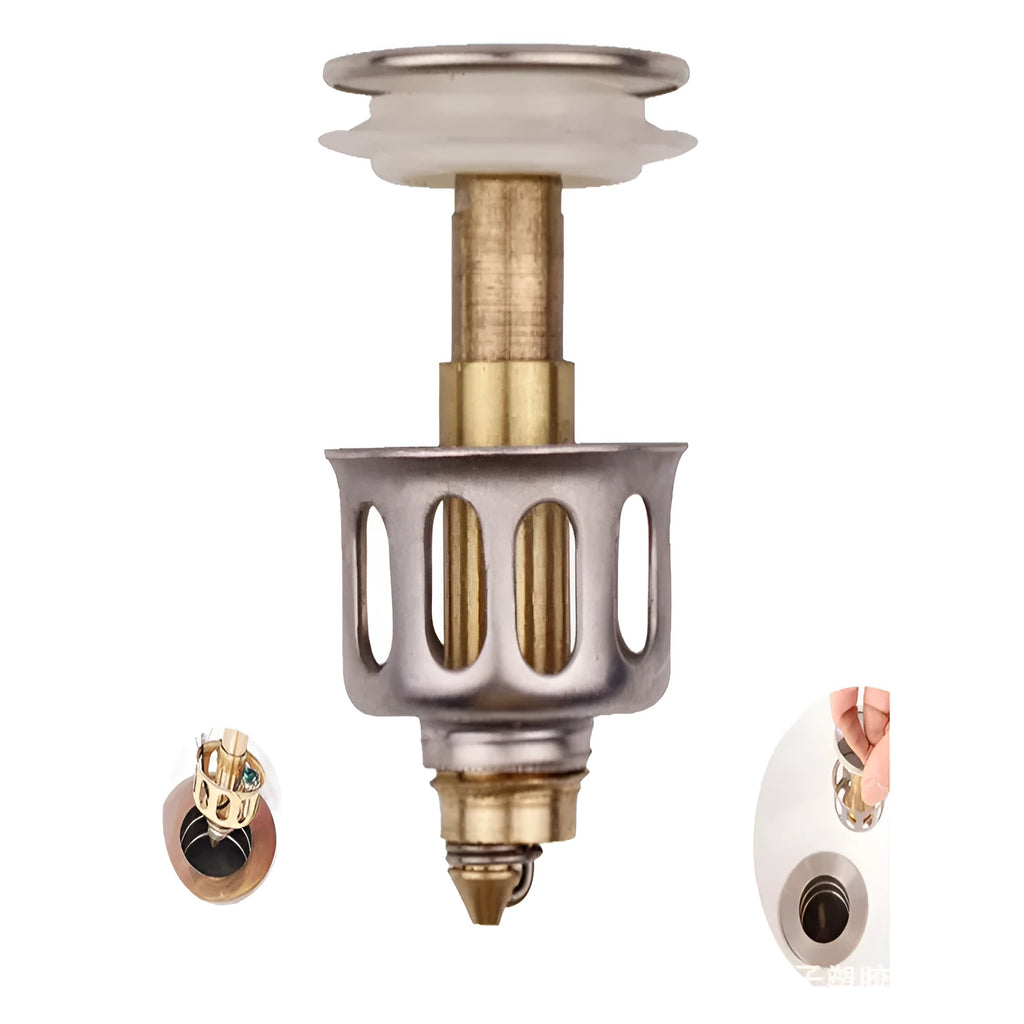 White copper sink filter with manual press mechanism for single-hole bathroom faucets.