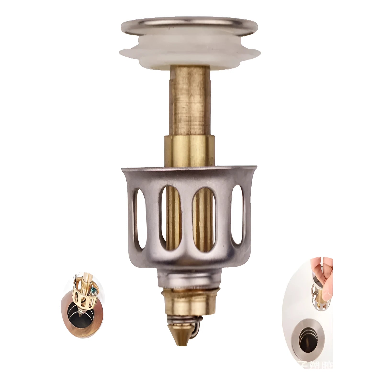 White copper sink filter with manual press mechanism for single-hole bathroom faucets.