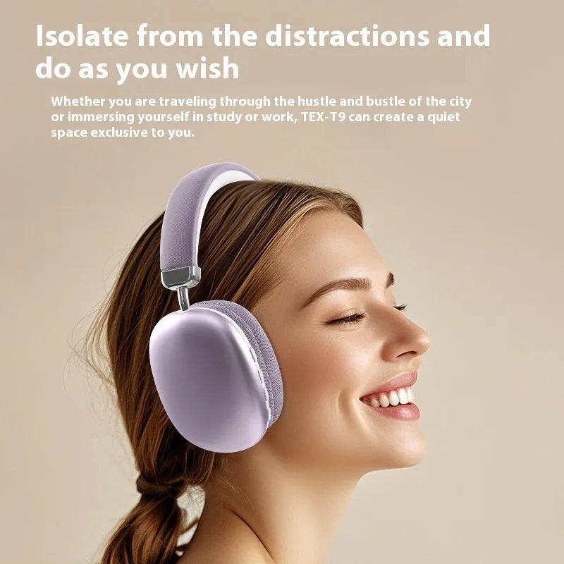 TEX-T9 Bluetooth headset in black, head-mounted sports style, wireless with 10m range and 8+ hour battery.